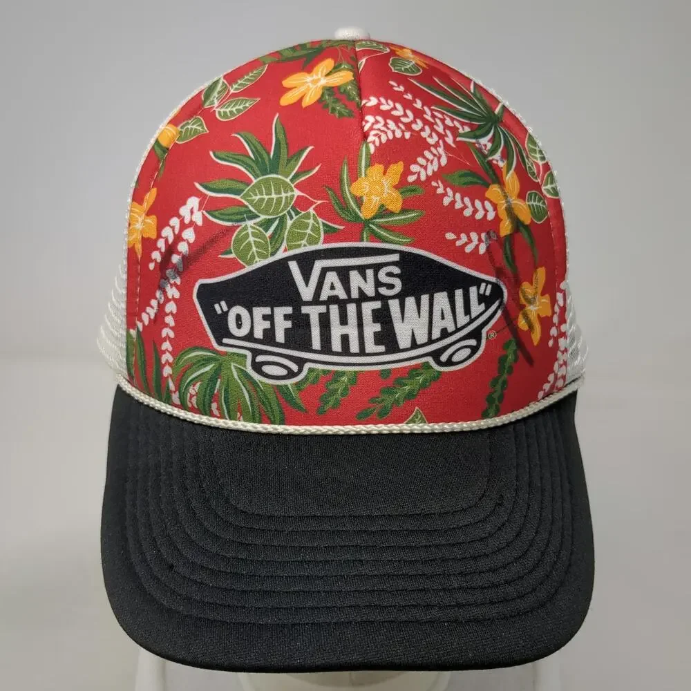 Vans Trucker Hat Red Floral Print Mesh Snapback One Size Skateboard Logo